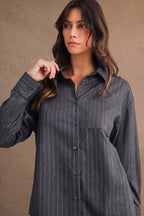 Pin Stripe Collar Button Up Shirt And Skirt Set