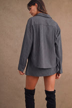 Pin Stripe Collar Button Up Shirt And Skirt Set