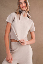 Short Sleeve Knit Sweater and Pants Set with Scarf