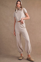 Short Sleeve Knit Sweater and Pants Set with Scarf