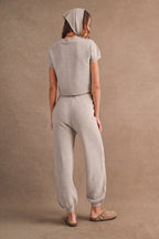 Short Sleeve Knit Sweater and Pants Set with Scarf