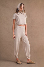 Short Sleeve Knit Sweater and Pants Set with Scarf
