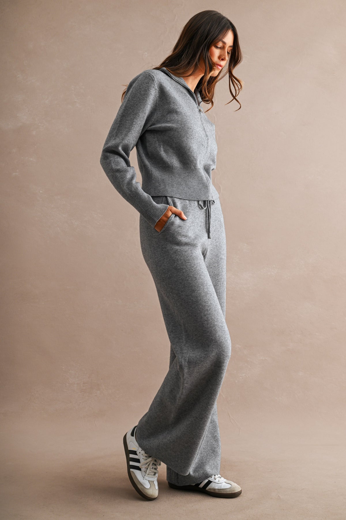 Zip Up Sweater Cardigan and Pants Set (Charcoal)