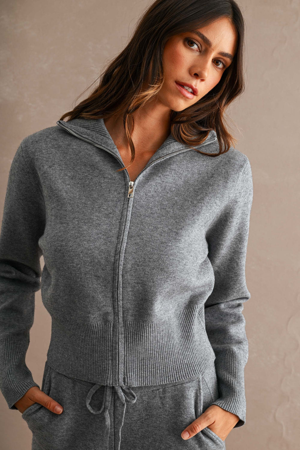 Zip Up Sweater Cardigan and Pants Set (Charcoal)