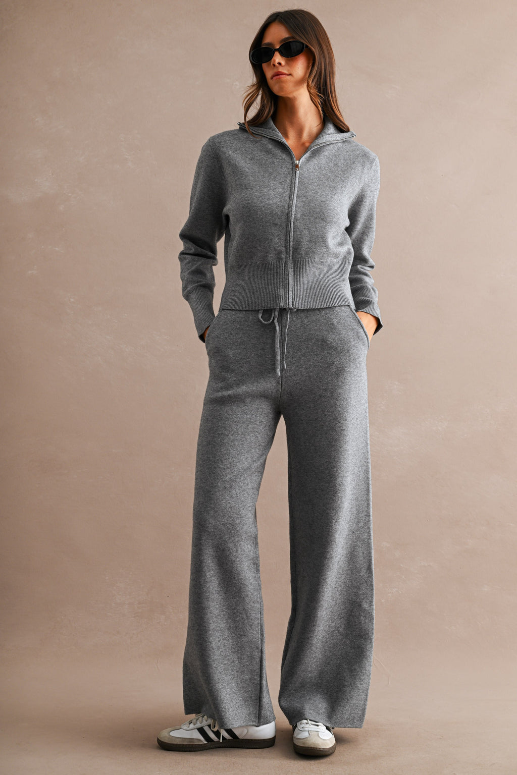 Zip Up Sweater Cardigan and Pants Set (Charcoal)