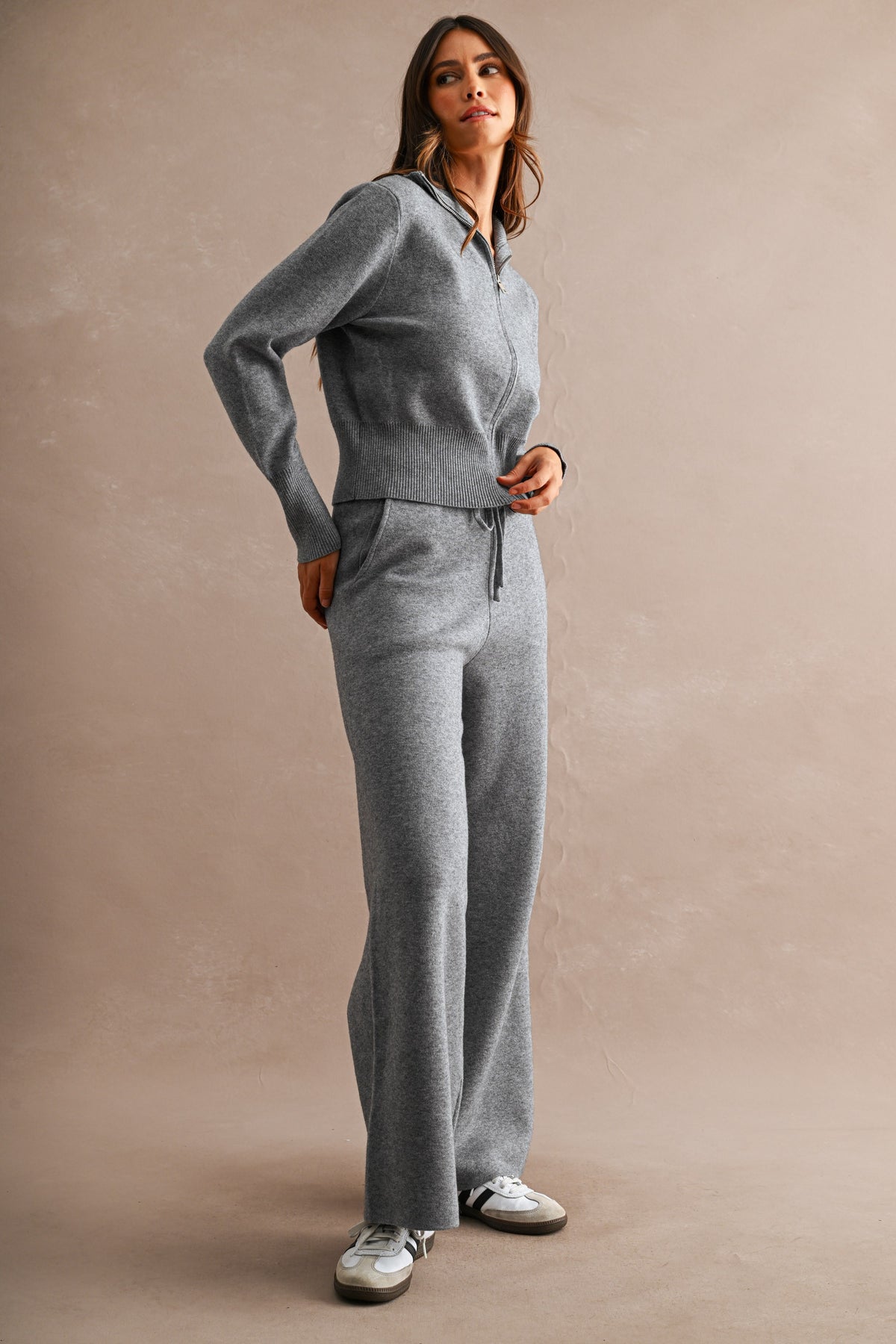 Zip Up Sweater Cardigan and Pants Set (Charcoal)