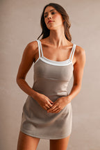 Scuba Adjustable Strap Layered Contrast Trim Romper (Mocha)