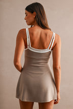 Scuba Adjustable Strap Layered Contrast Trim Romper (Mocha)