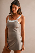 Scuba Adjustable Strap Layered Contrast Trim Romper (Mocha)