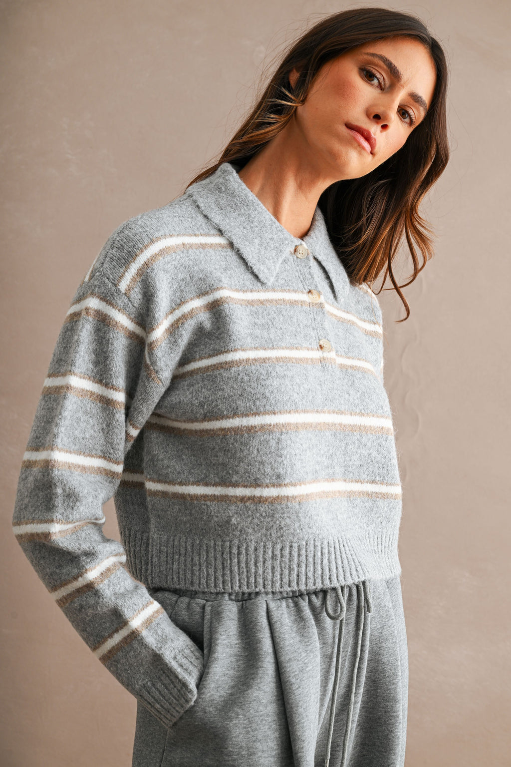 Stripe Collared Crop Sweater Top (H Grey)
