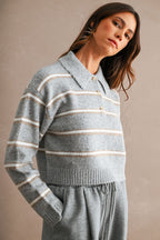 Stripe Collared Crop Sweater Top (H Grey)