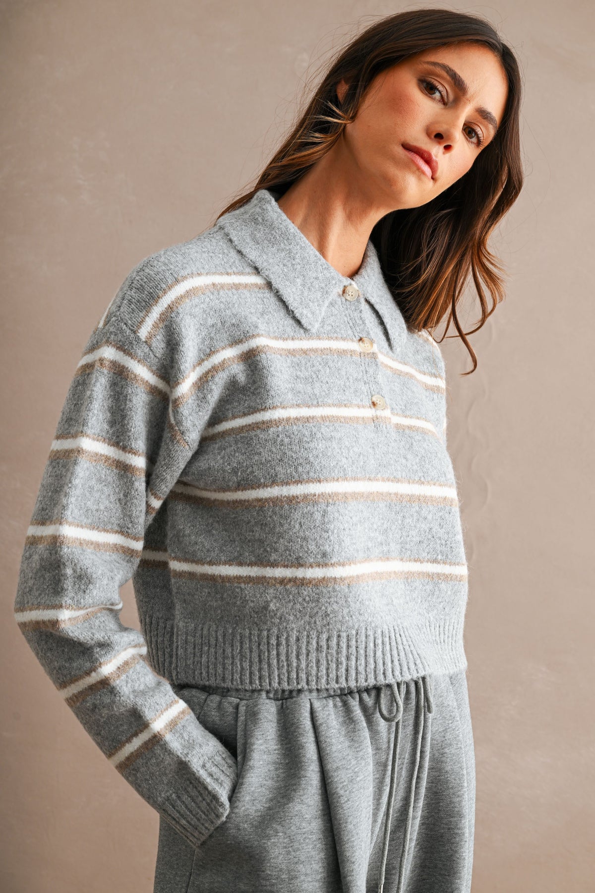 Stripe Collared Crop Sweater Top (H Grey)