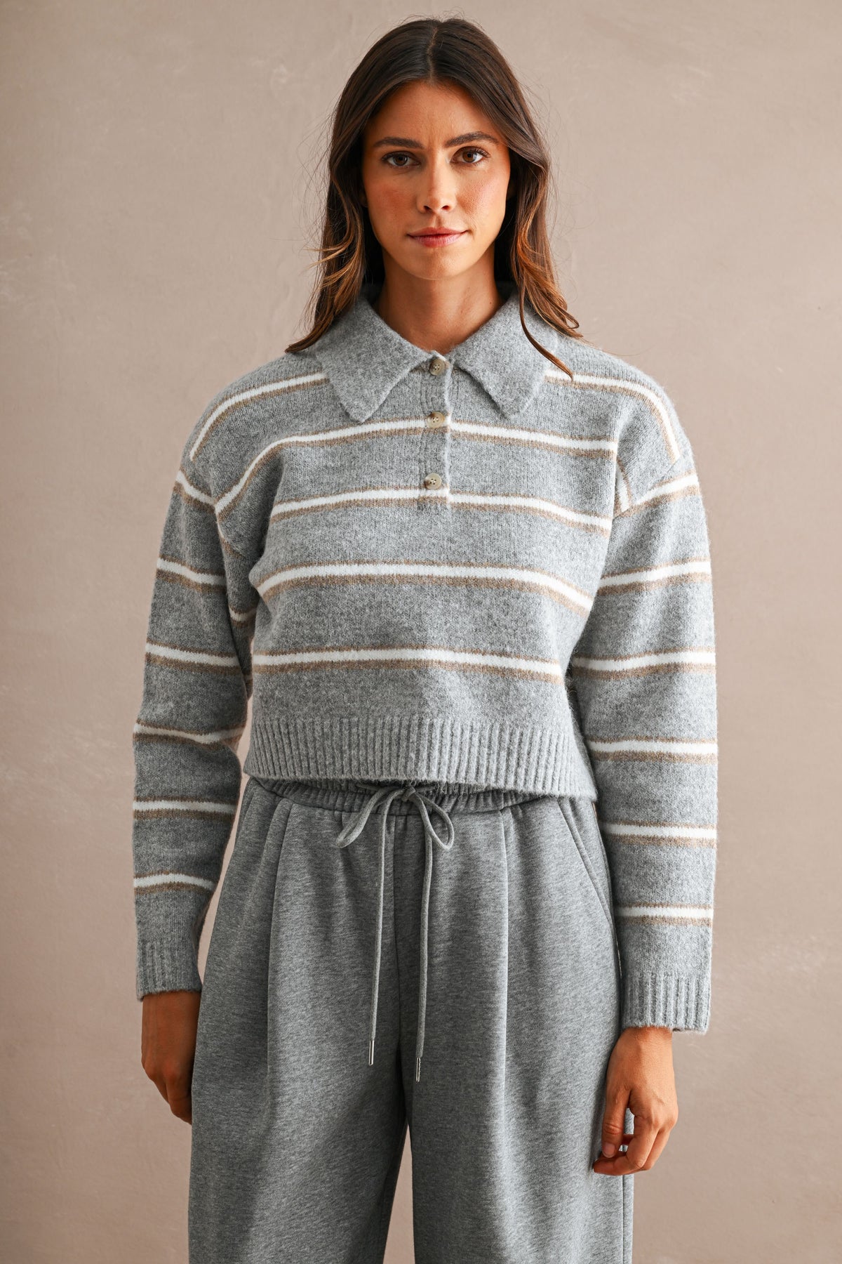 Stripe Collared Crop Sweater Top (H Grey) Main image