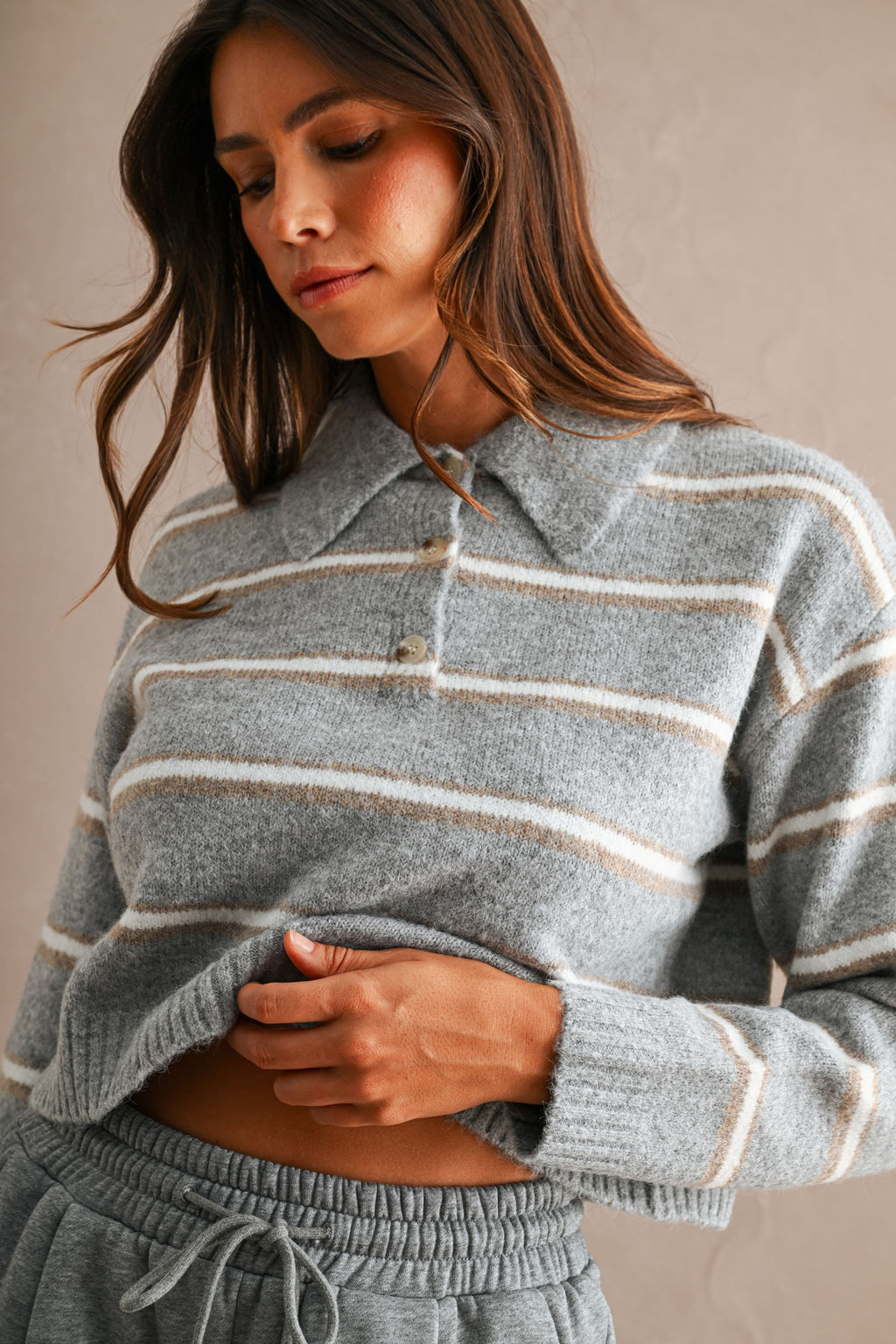 Stripe Collared Crop Sweater Top (H Grey)