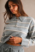 Stripe Collared Crop Sweater Top (H Grey)