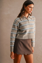 Stripe Collared Crop Sweater Top (Mocha)