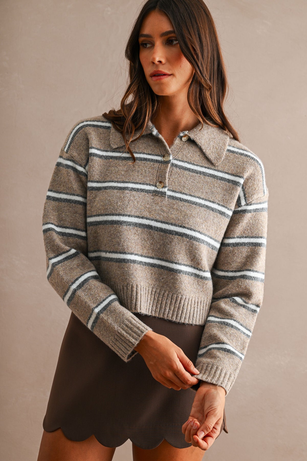 Stripe Collared Crop Sweater Top (Mocha)
