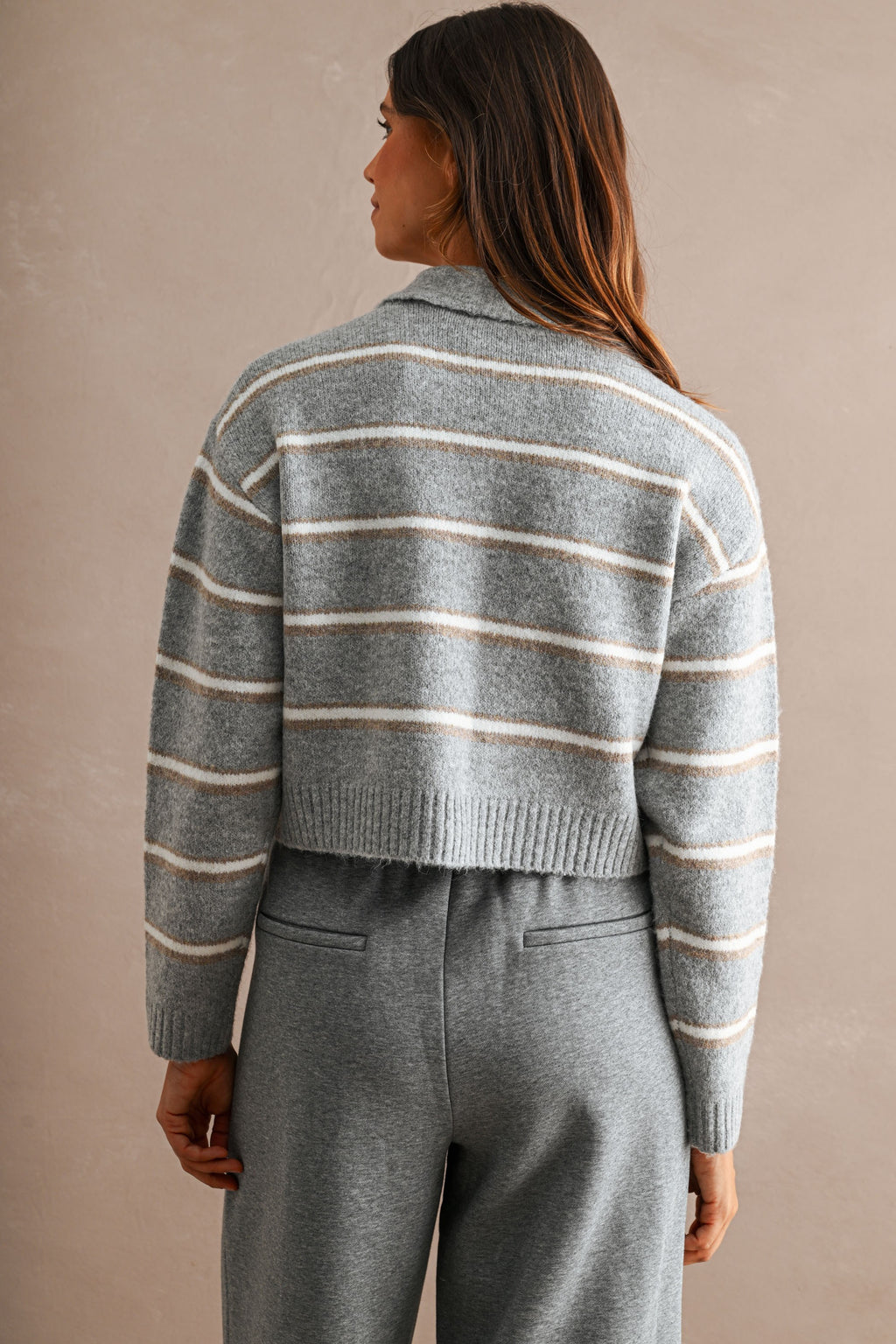 Stripe Collared Crop Sweater Top (H Grey)
