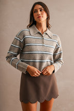Stripe Collared Crop Sweater Top (Mocha)