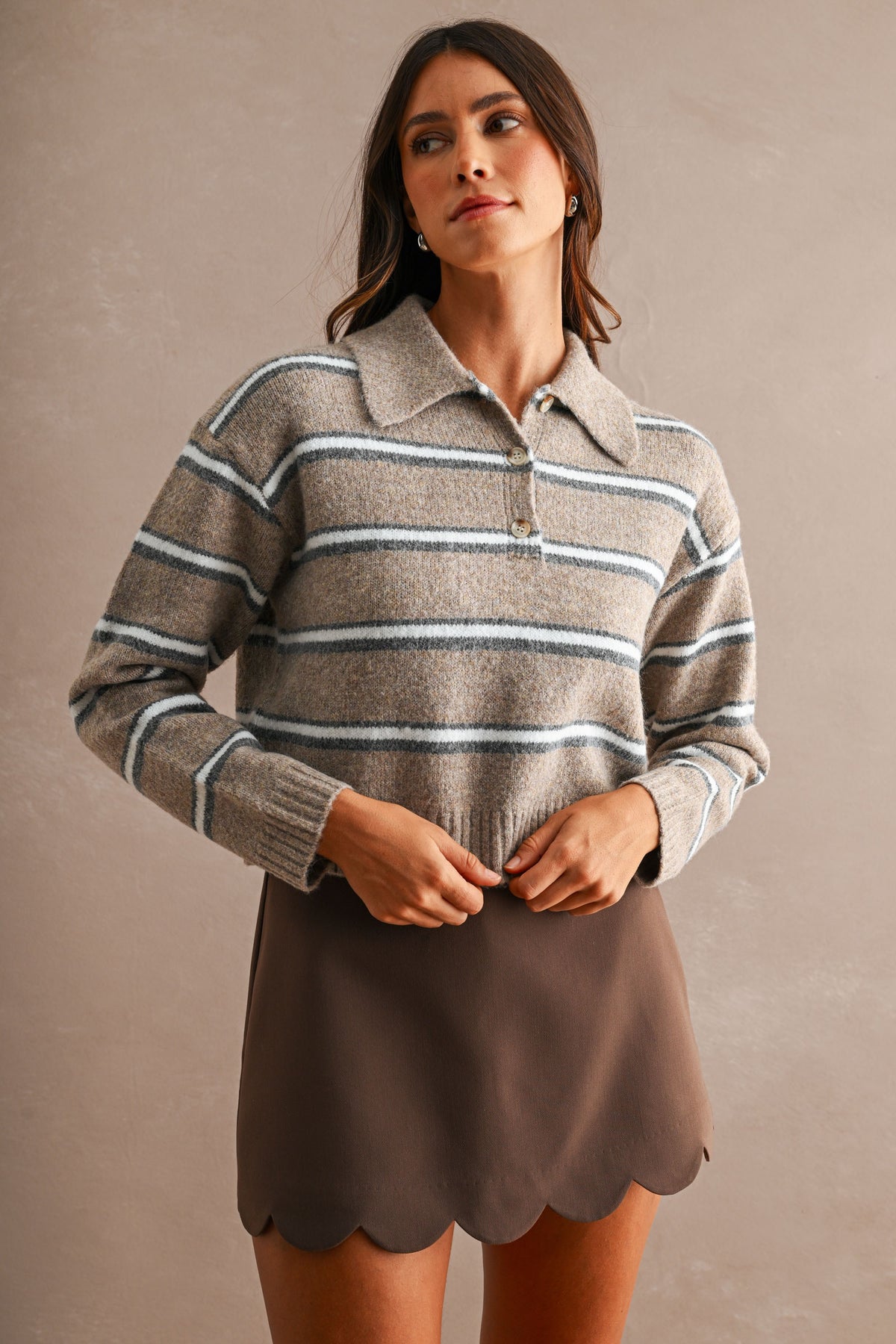 Stripe Collared Crop Sweater Top (Mocha)
