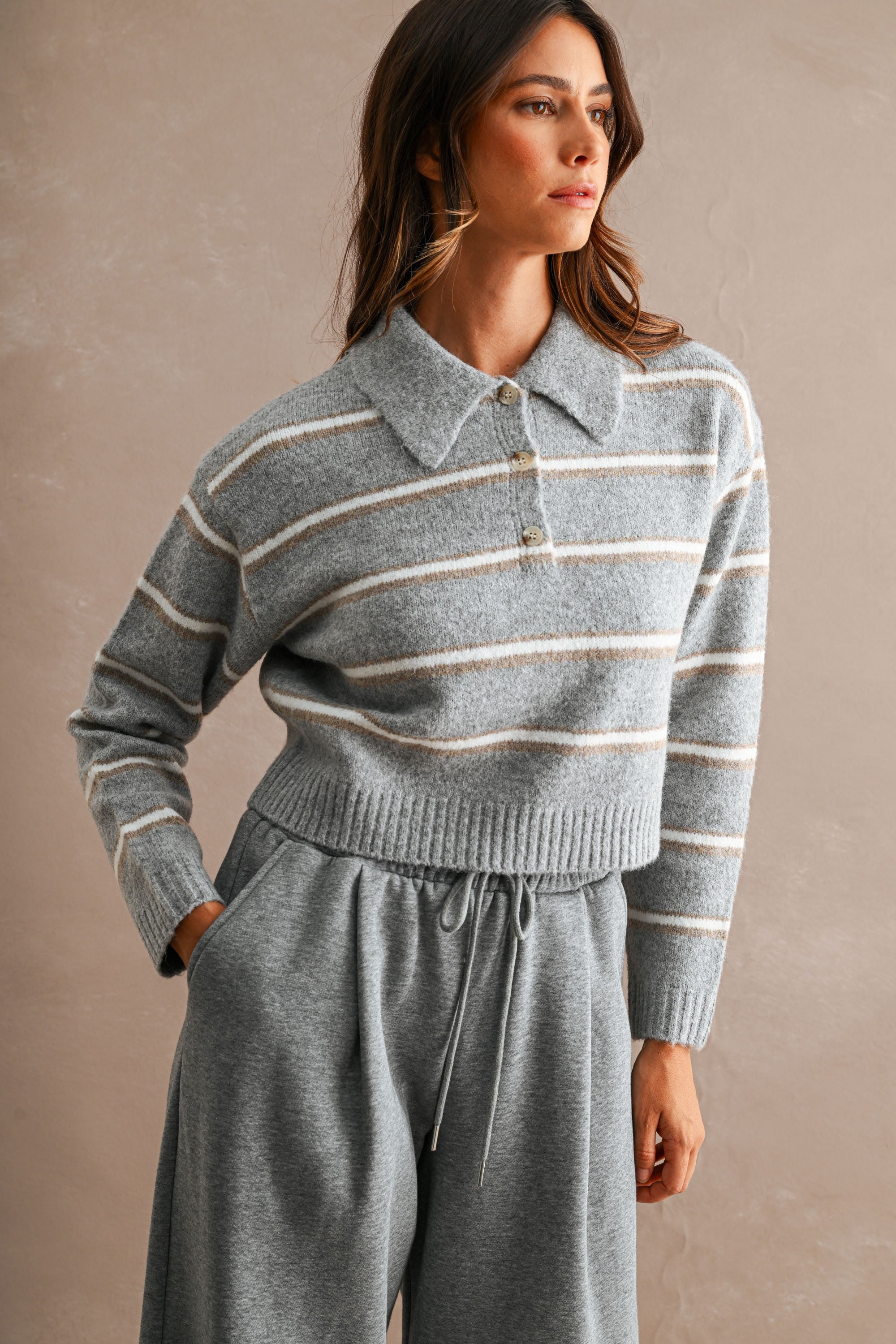 Stripe Collared Crop Sweater Top (H Grey) Secondary image