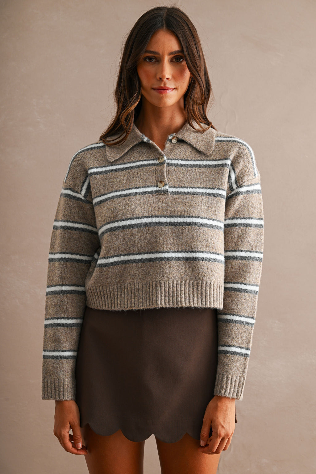 Stripe Collared Crop Sweater Top (Mocha)