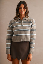 Stripe Collared Crop Sweater Top (Mocha)