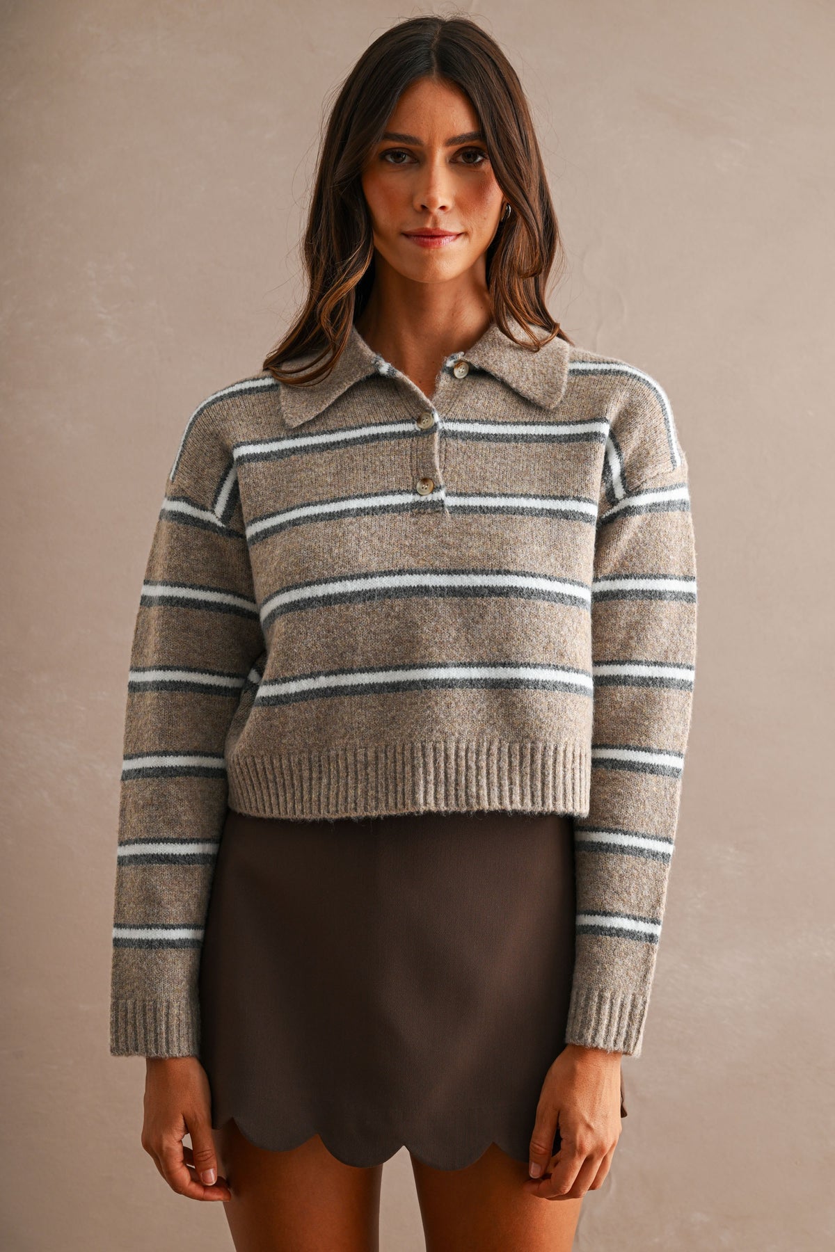 Stripe Collared Crop Sweater Top (Mocha)