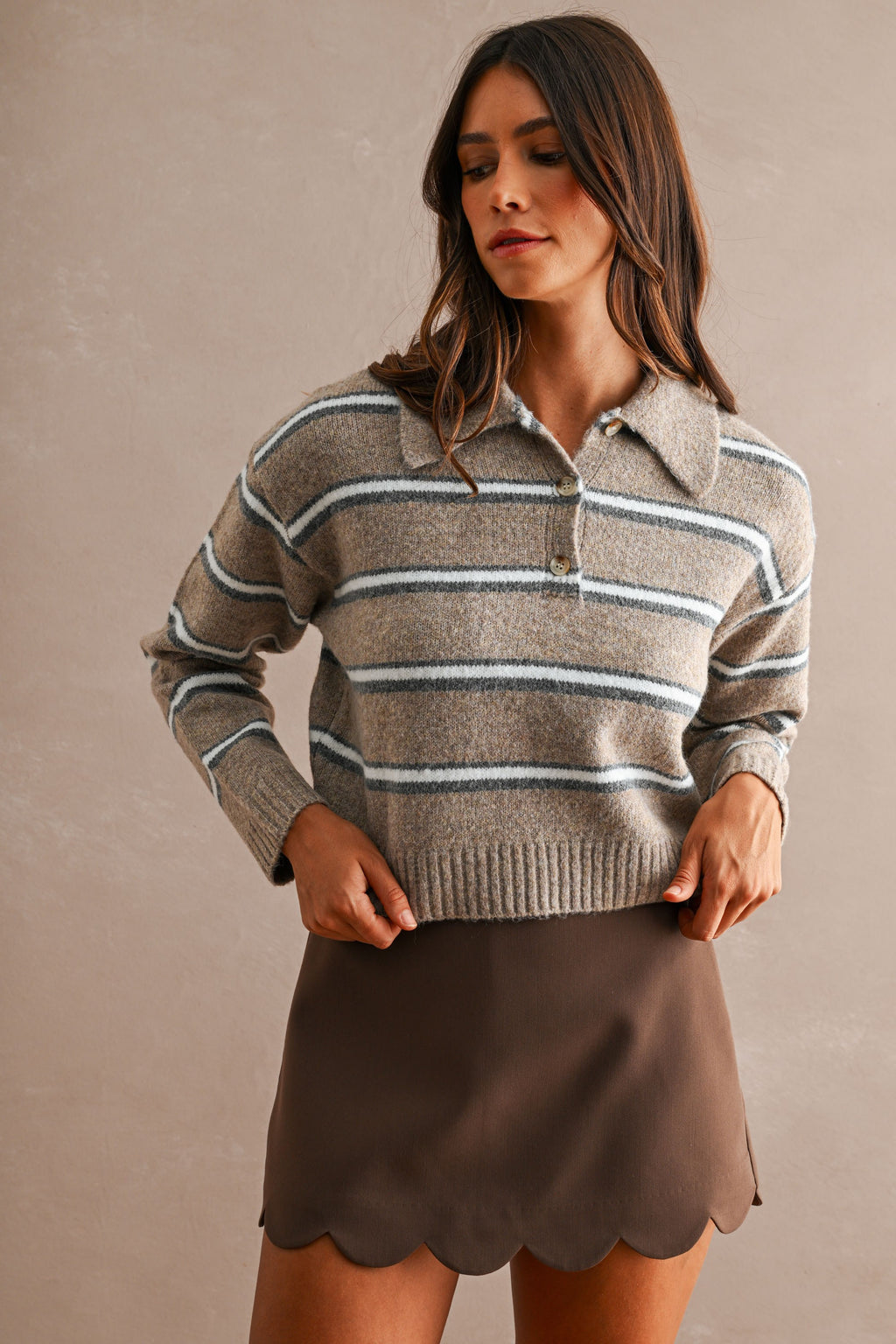 Stripe Collared Crop Sweater Top (Mocha)
