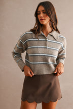 Stripe Collared Crop Sweater Top (Mocha)
