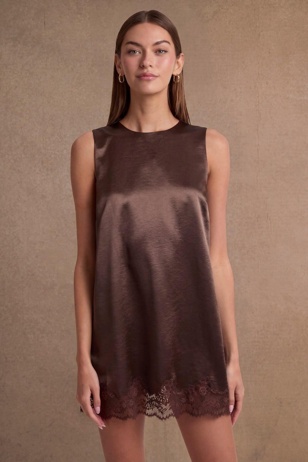 Satin Lace Trim Hem Mini Dress