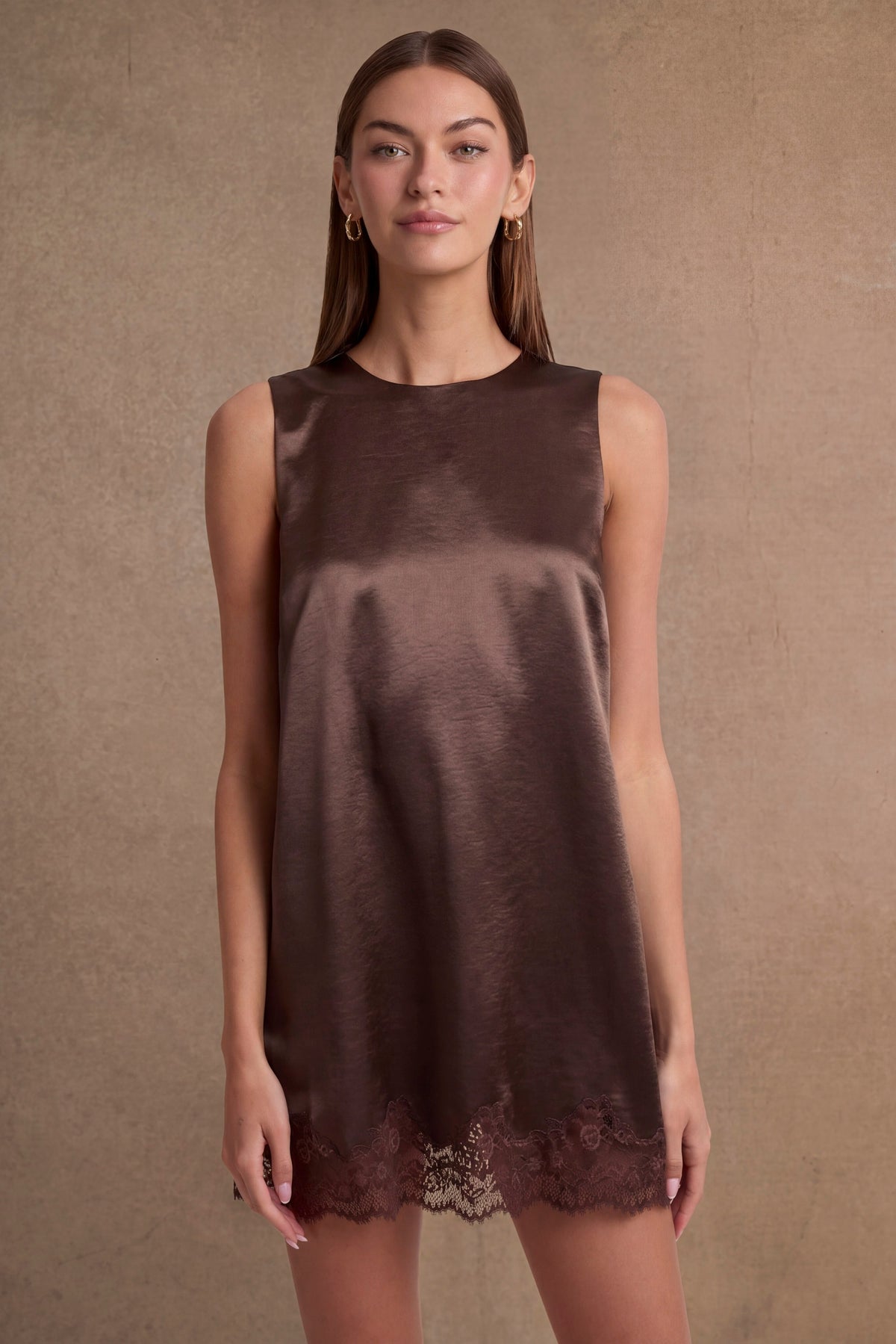 Satin Lace Trim Hem Mini Dress