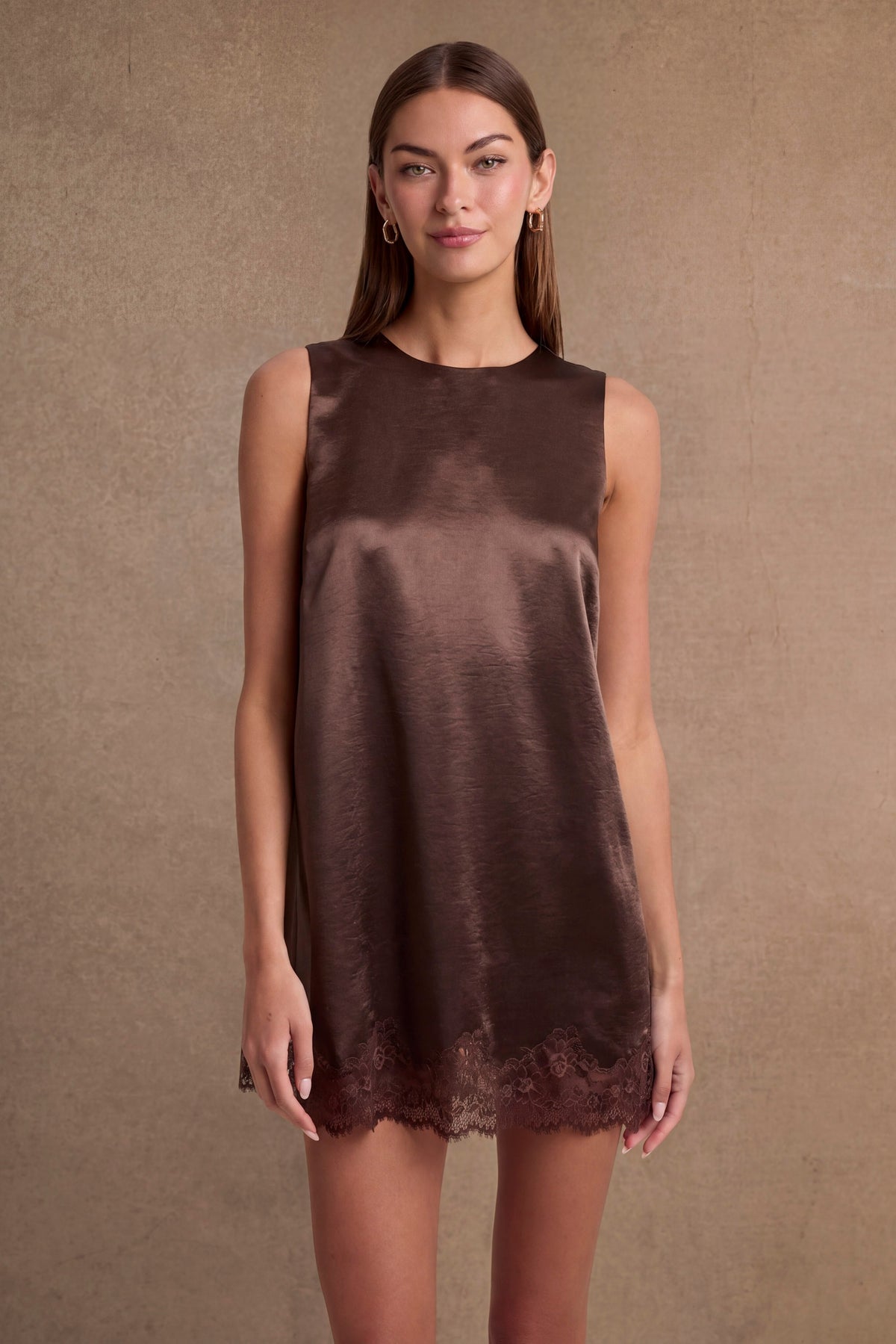 Satin Lace Trim Hem Mini Dress
