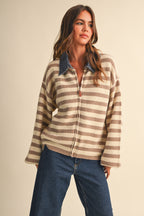 Denim Collar Knitted Stripe Jacket (Beige)