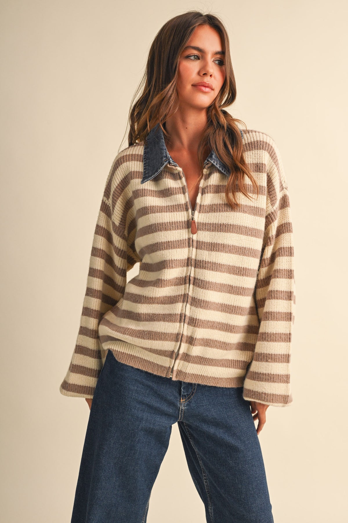 Denim Collar Knitted Stripe Jacket (Beige)