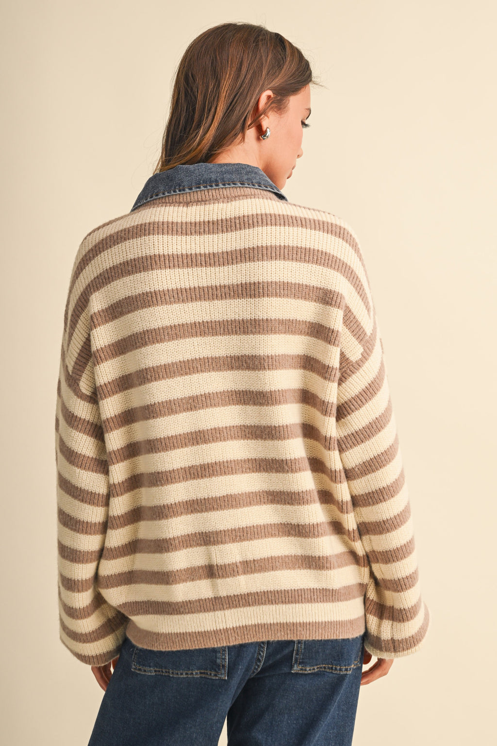 Denim Collar Knitted Stripe Jacket (Beige)