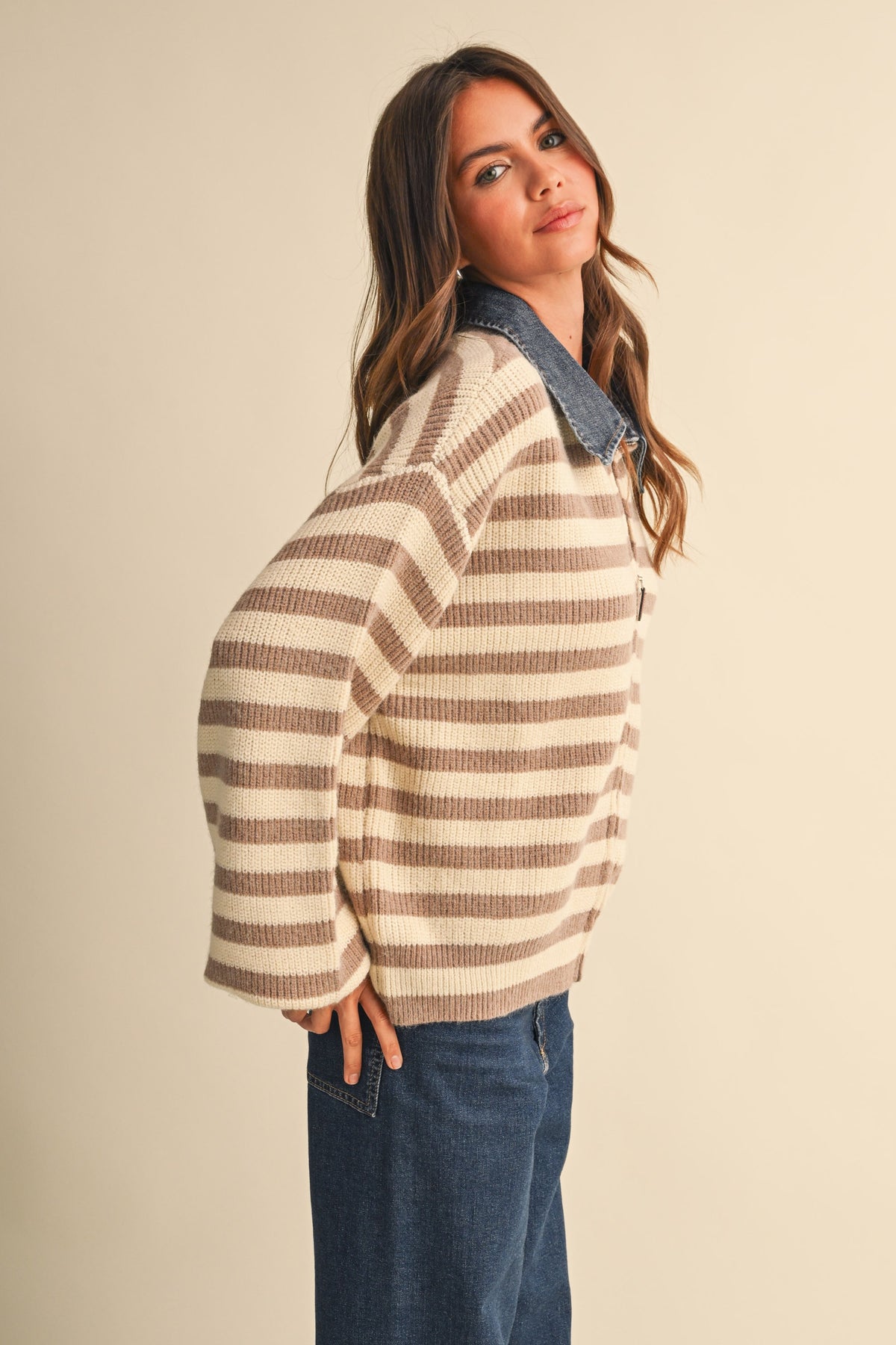 Denim Collar Knitted Stripe Jacket (Beige)