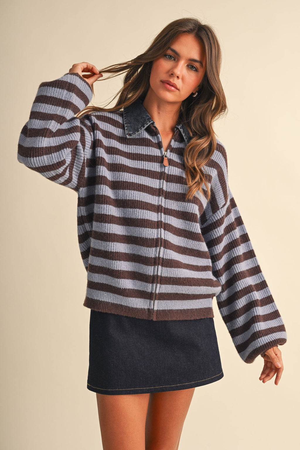 Denim Collar Knitted Stripe Jacket (Brown)