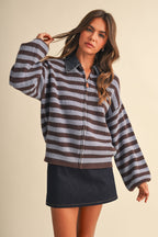 Denim Collar Knitted Stripe Jacket (Brown)