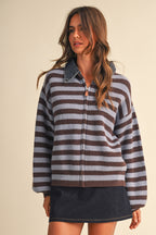 Denim Collar Knitted Stripe Jacket (Brown)