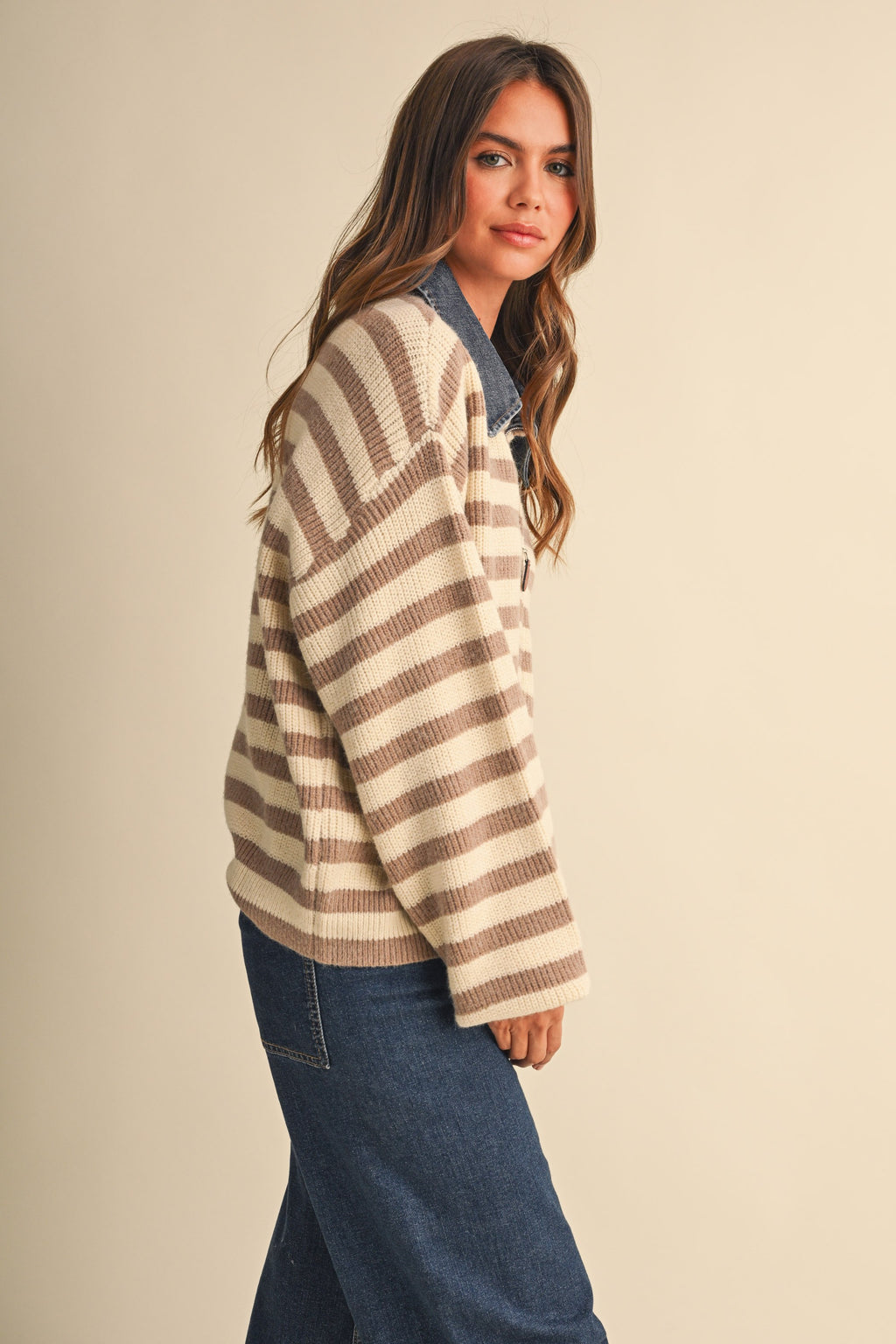 Denim Collar Knitted Stripe Jacket (Beige)