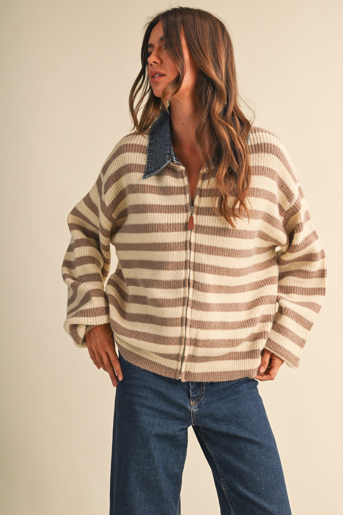 Denim Collar Knitted Stripe Jacket (Beige)