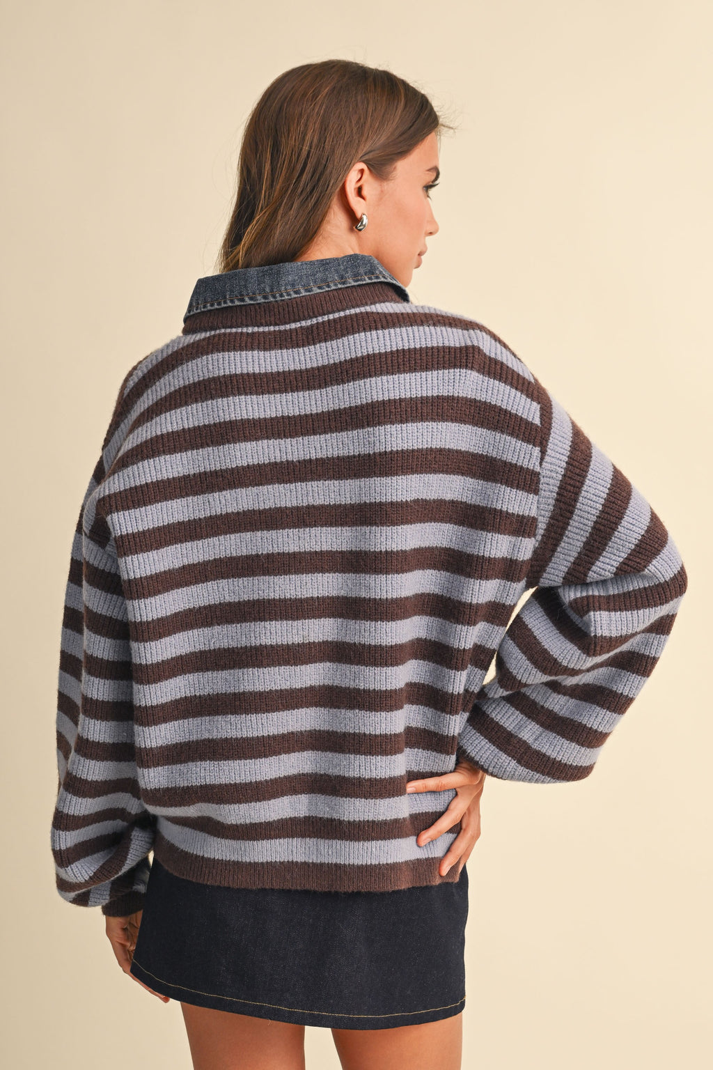 Denim Collar Knitted Stripe Jacket (Brown)