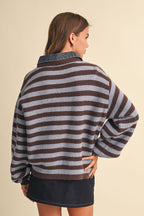 Denim Collar Knitted Stripe Jacket (Brown)
