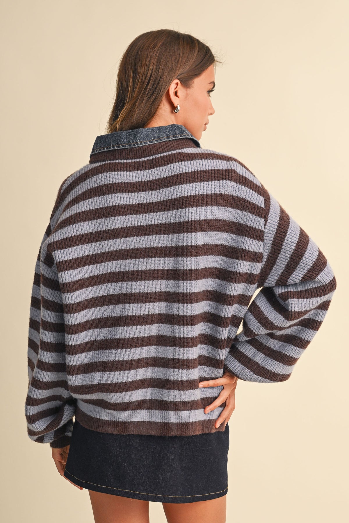 Denim Collar Knitted Stripe Jacket (Brown)