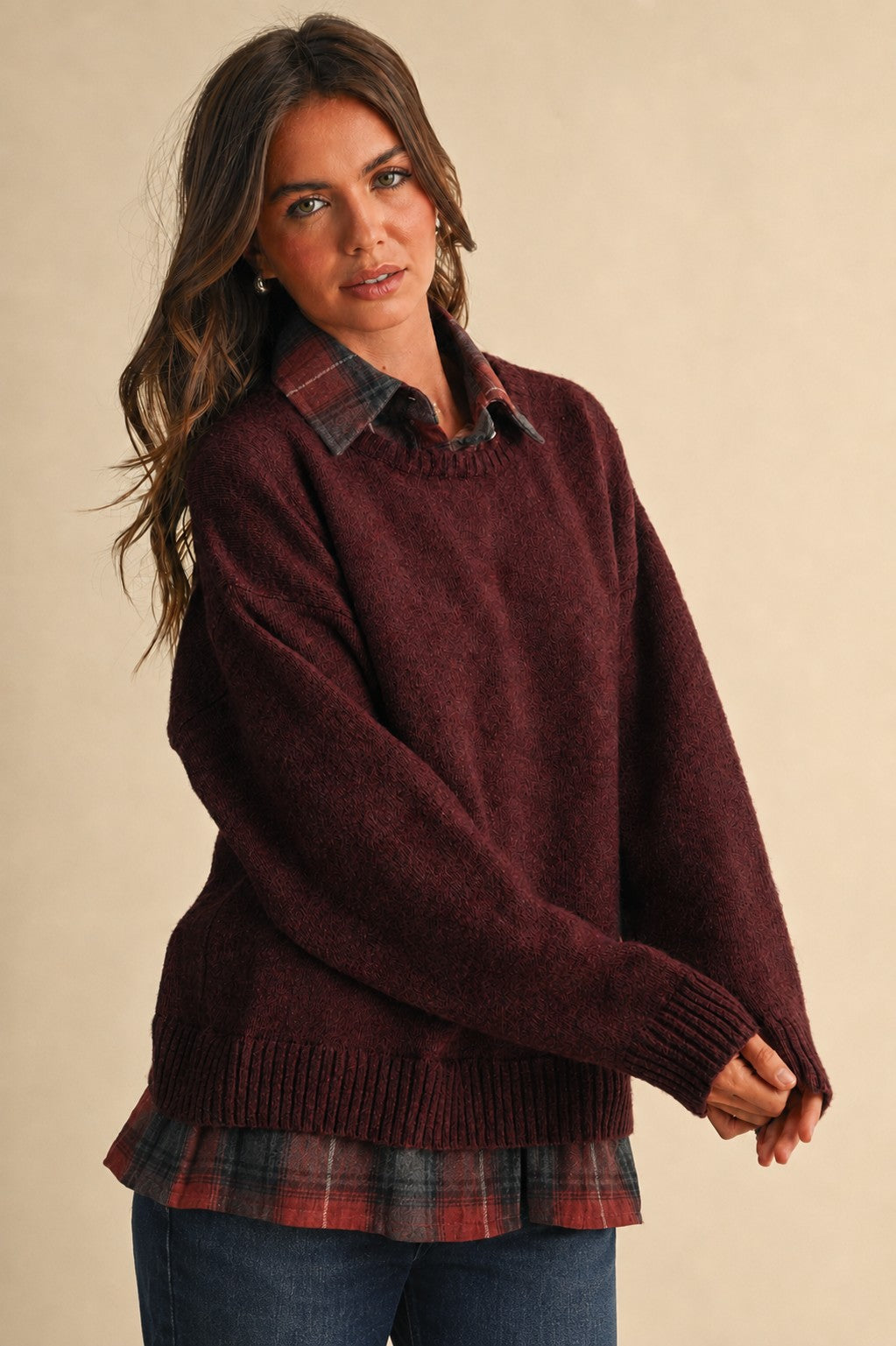 Long Sleeve Plaid Button Down Inner Layer Sweater (Burgundy)