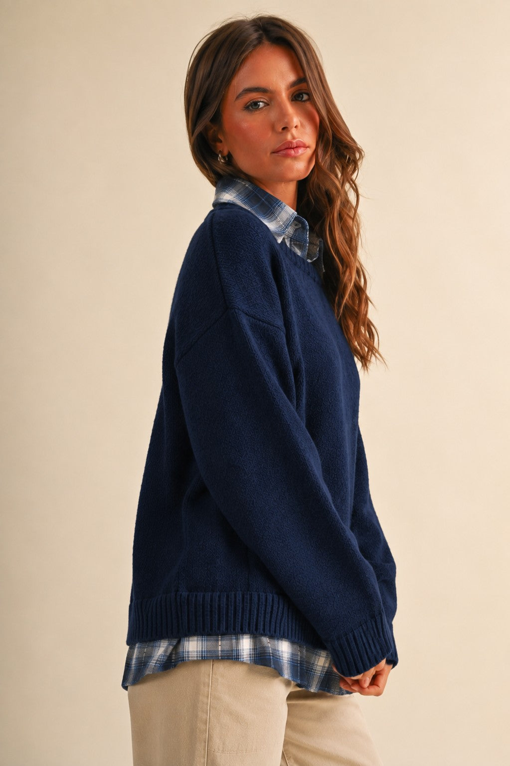 Long Sleeve Plaid Button Down Inner Layer Sweater (Navy)