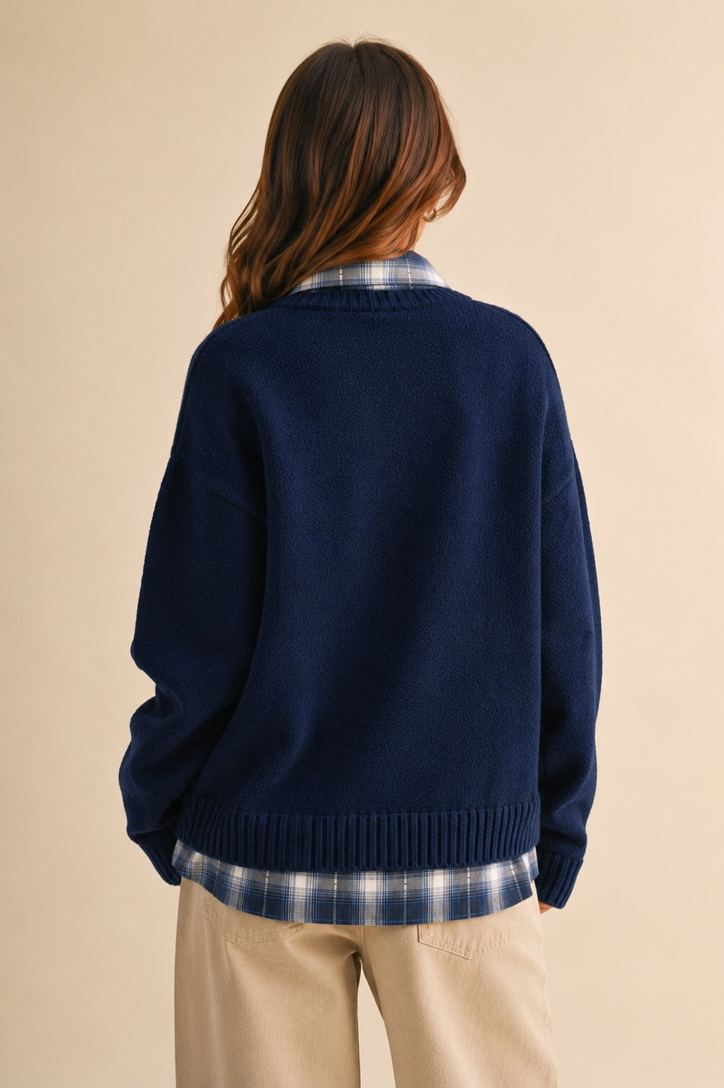 Long Sleeve Plaid Button Down Inner Layer Sweater (Navy)