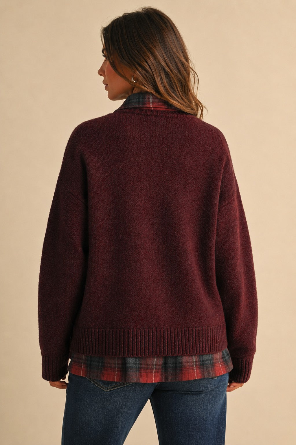 Long Sleeve Plaid Button Down Inner Layer Sweater (Burgundy)