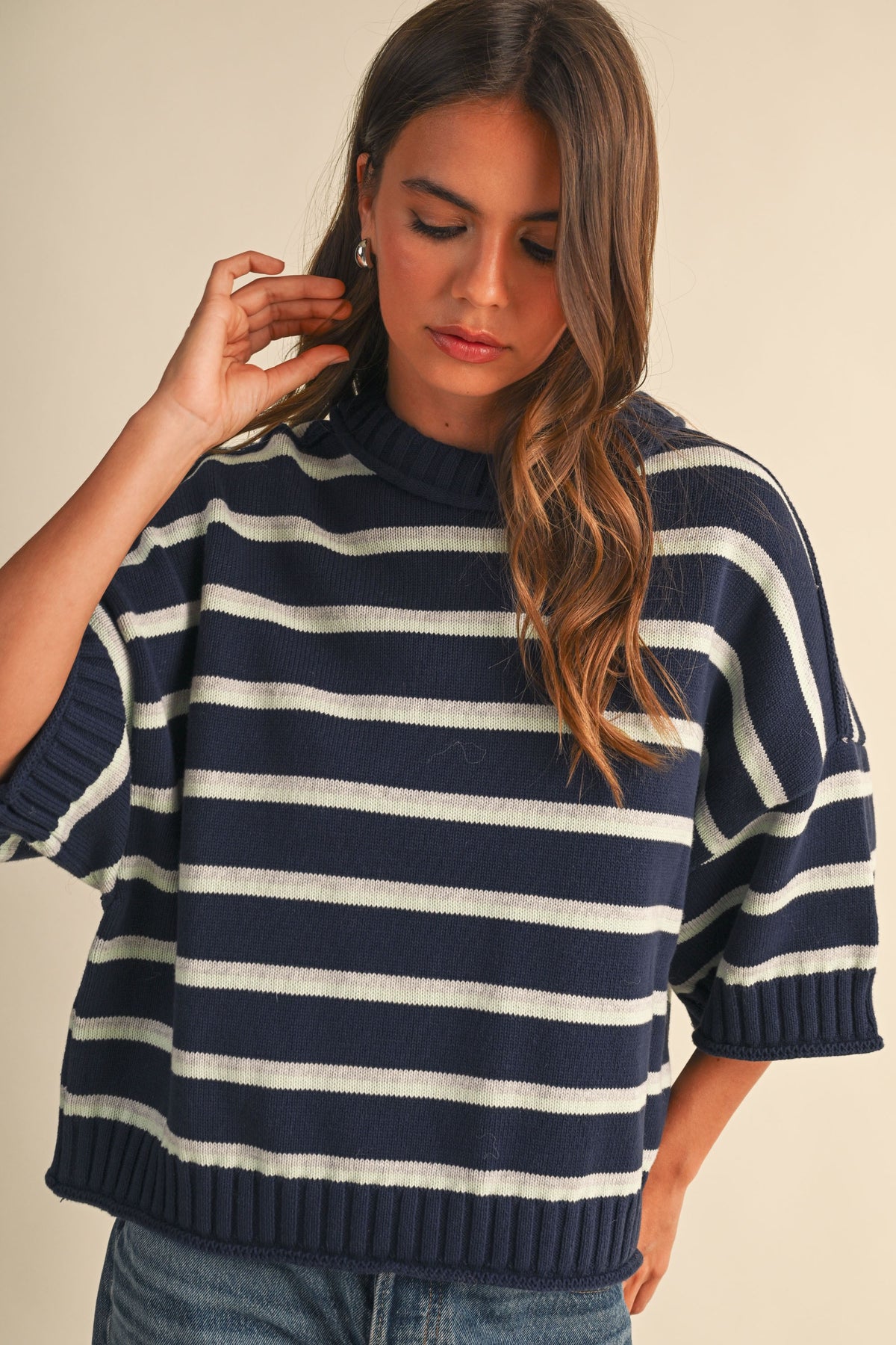 Striped Half Sleeve Sweater Relaxed Fit Cropped Top Main image